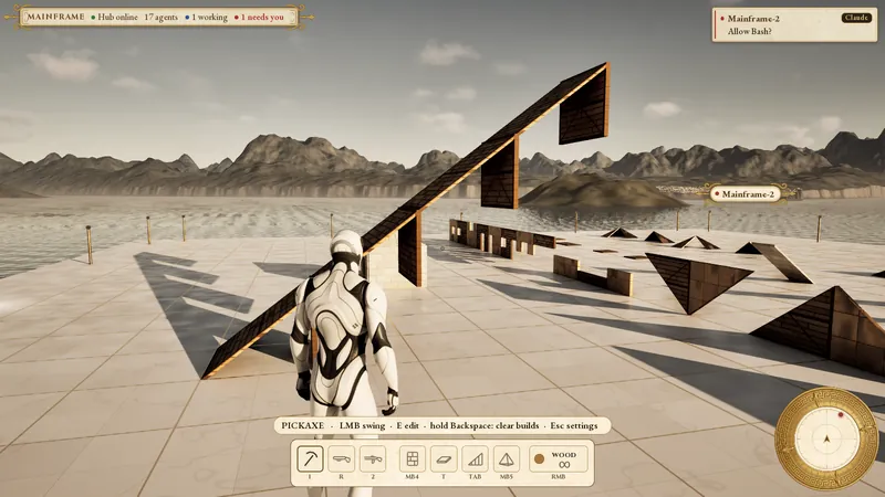 A white armoured figure on a floating stone platform at sea, building a long ramp of wooden panels into the sky.