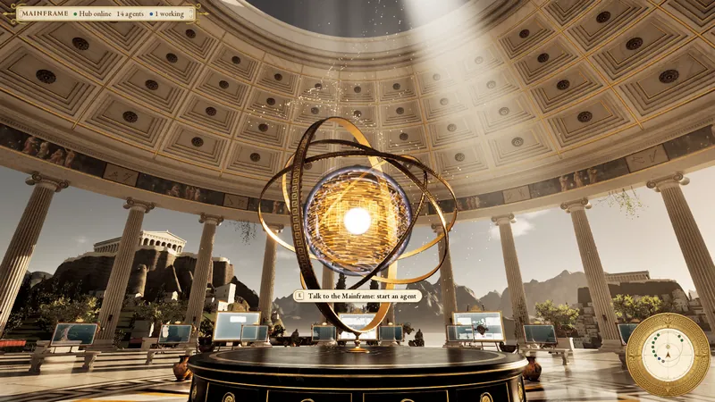 The Core: a glowing gold orb inside brass armillary rings, under a coffered marble dome. A prompt reads: Talk to the Mainframe, start an agent.