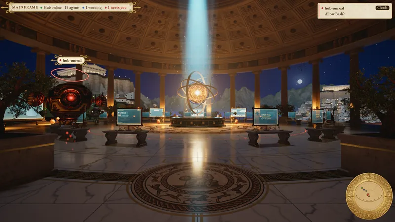The temple at night. A red drone hovers near the Core, waiting with a question for the player.