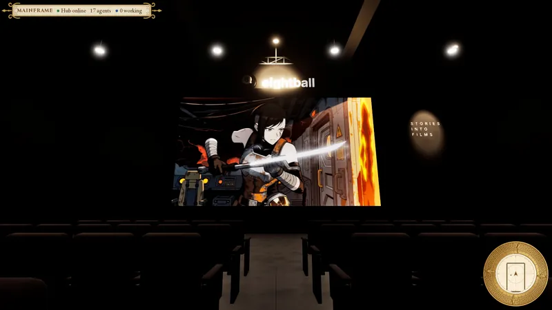 Inside a dark cinema hall: rows of seats face a big screen playing an animated film, under a lit eightball sign.