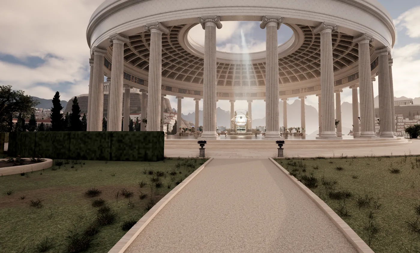 A round marble temple with Ionic columns at dawn. A gravel path leads through a garden to it, and a gold orb glows at its centre.