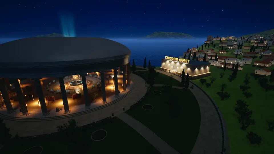 The temple lit up at night beside the sea, with the Kingdom Quest venue glowing behind it.